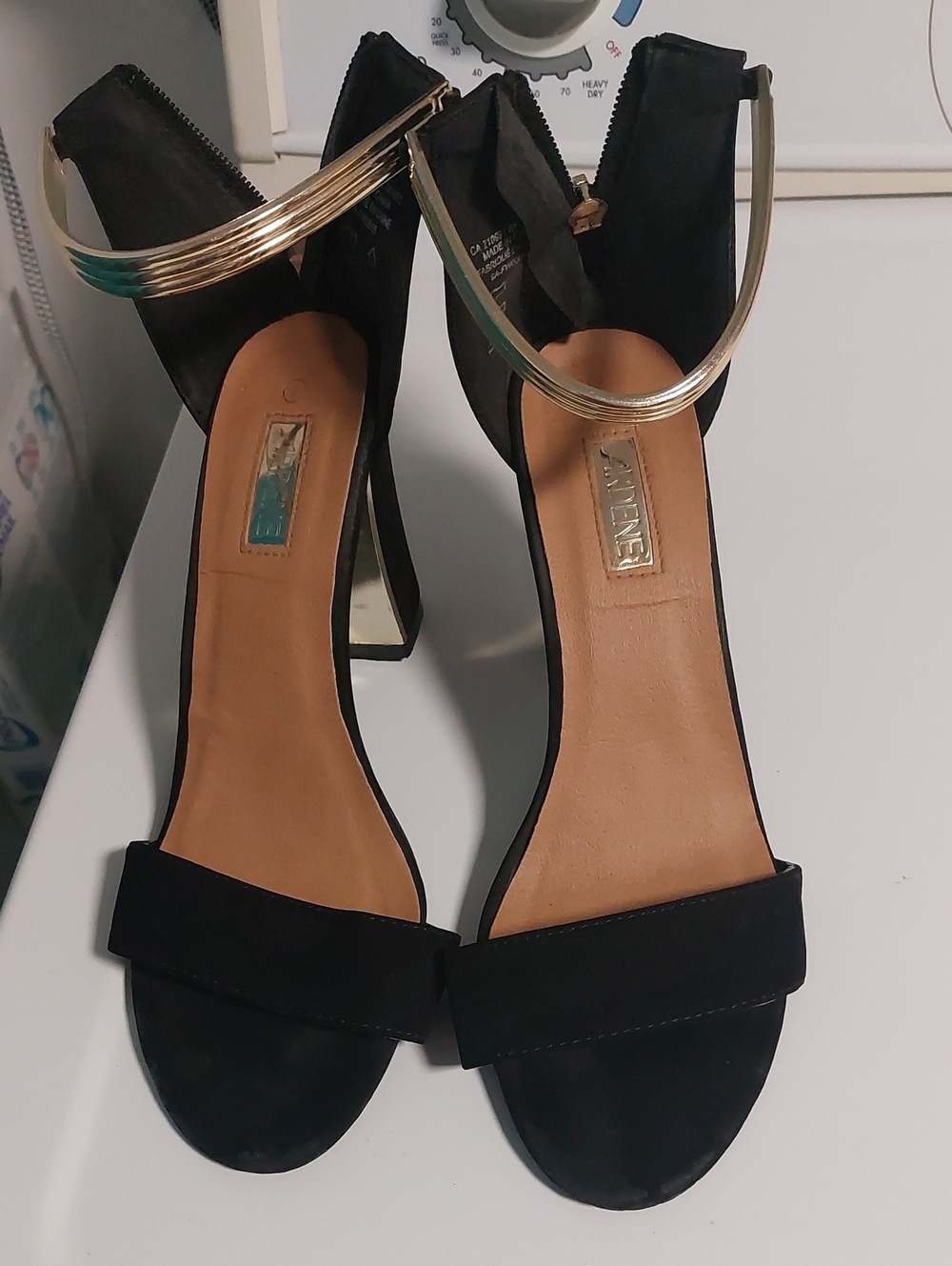 Black High-Heel Ankle-Strap Sandals with Gold Accent